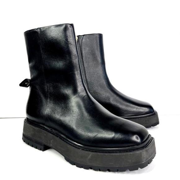 Larroude Hailey Faux Fur Lined Platform Bootie Ankle Boot Black Leather Square - Picture 1 of 10